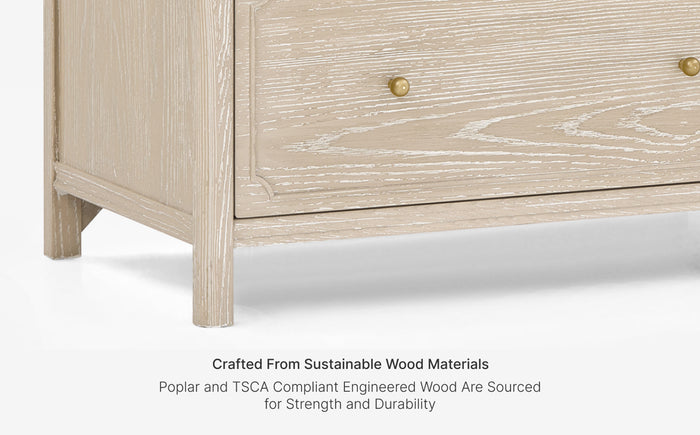 Wooden dresser with sustainable wood materials label