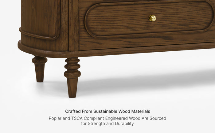 Wooden sideboard with a drawer and gold handle on a white background