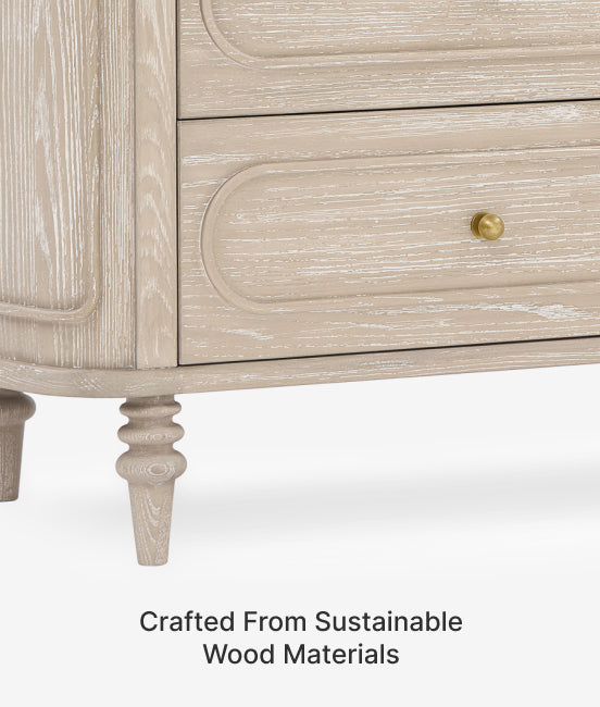 Wooden dresser with a gold handle on a white background, labeled 'Crafted From Sustainable Wood Materials'.