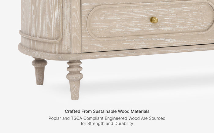 Wooden sideboard with a drawer on a white background, highlighting sustainable wood materials.
