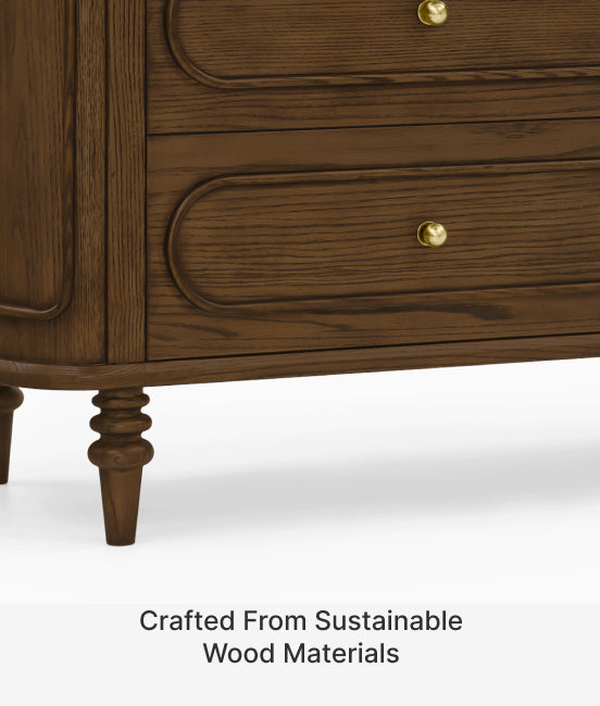 Wooden dresser with gold knobs on a white background, featuring text 'Crafted From Sustainable Wood Materials'.