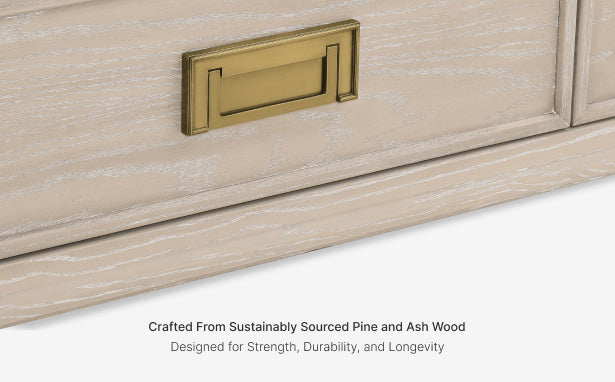Wooden cabinet with brass handle on a white background, featuring text about wood sourcing and qualities.