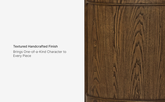 Wooden cabinet with textured handcrafted finish on a white background