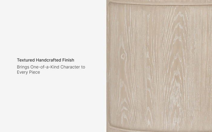 Textured handcrafted finish on a wooden surface with descriptive text.