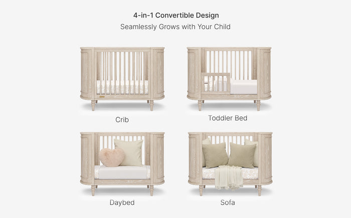 4-in-1 convertible crib transforming into a toddler bed, daybed, and sofa on a white background.