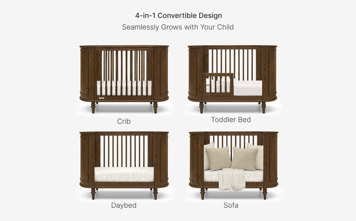 4-in-1 convertible furniture design transforming from crib to toddler bed, daybed, and sofa on a white background.
