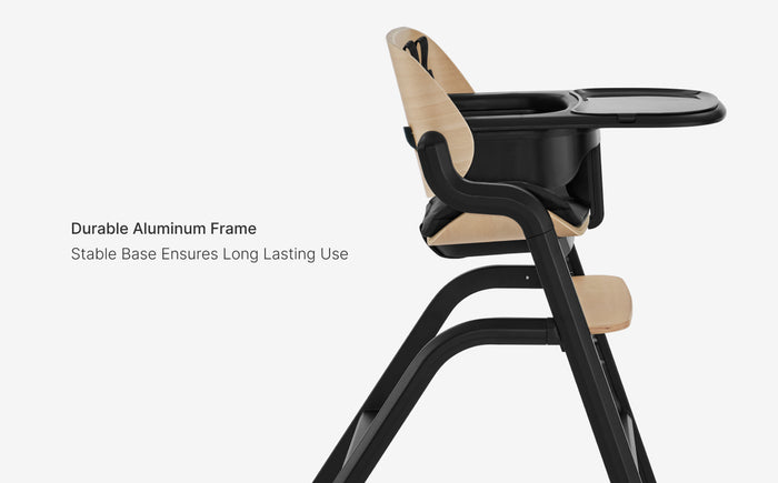 High chair with durable aluminum frame and stable base on a white background