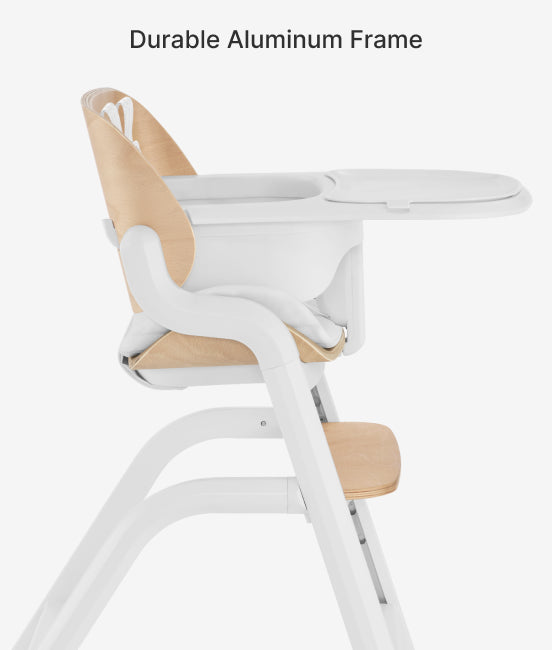 White and wood high chair with durable aluminum frame text on a white background