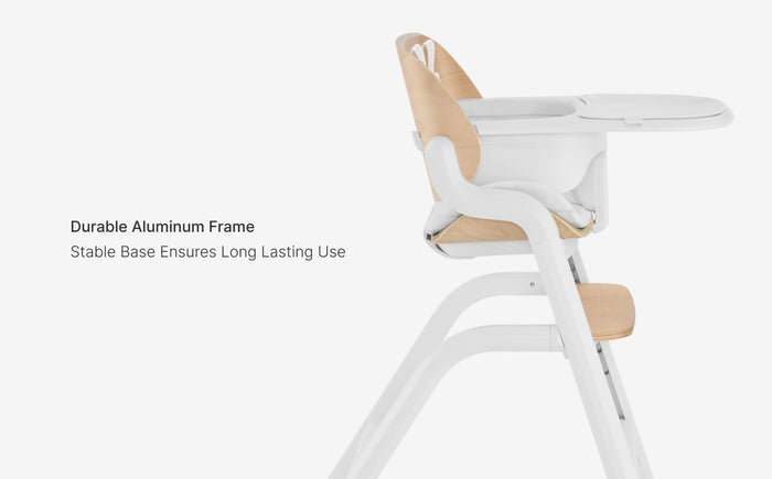 High chair with durable aluminum frame and stable base on a white background