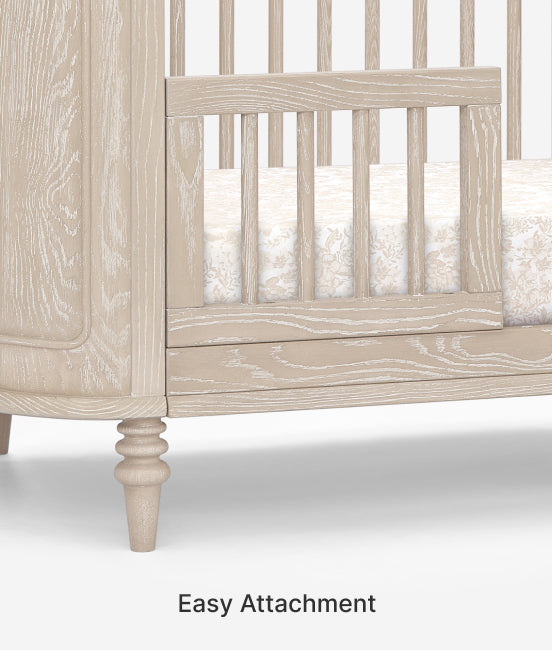 Wooden crib with 'Easy Attachment' text on a white background