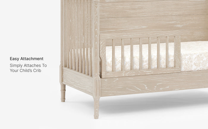 Beige crib with text indicating easy attachment feature