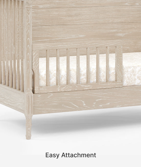 Beige crib with 'Easy Attachment' text on a white background