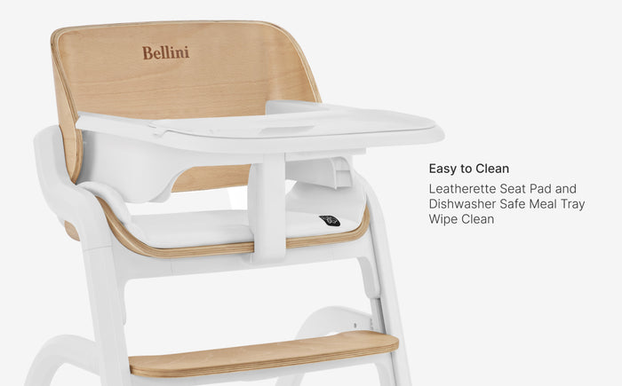 Bellini high chair with white tray and wooden accents on a white background