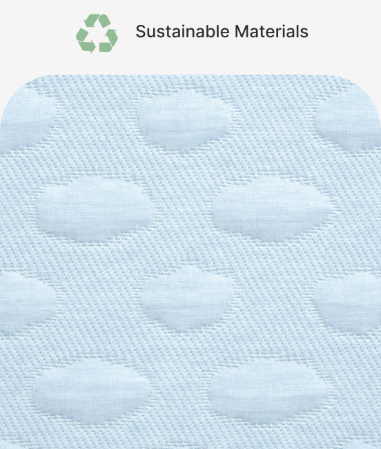 Textile material with a quilted pattern and 'Sustainable Materials' label on a light gray background