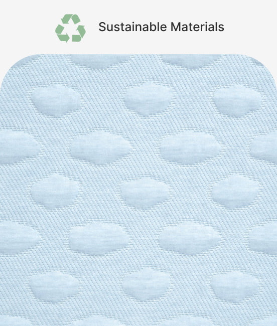 Textile material with a quilted pattern and 'Sustainable Materials' label.