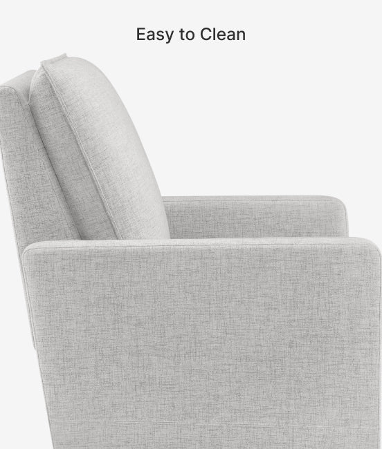 Gray upholstered chair with 'Easy to Clean' text on a white background