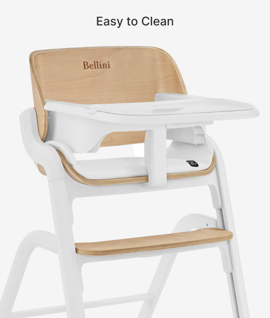 High chair with wooden seat and backrest, branded 'Bellini', on a white background.