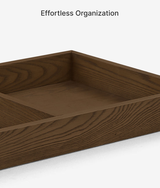 Wooden tray with 'Effortless Organization' text on a white background