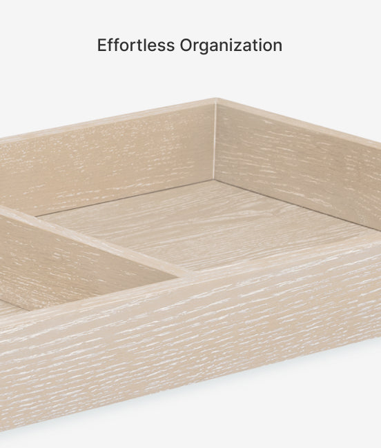 Beige wooden tray with compartments on a white background, labeled 'Effortless Organization'.