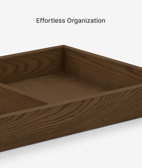 Wooden tray with 'Effortless Organization' text on a white background