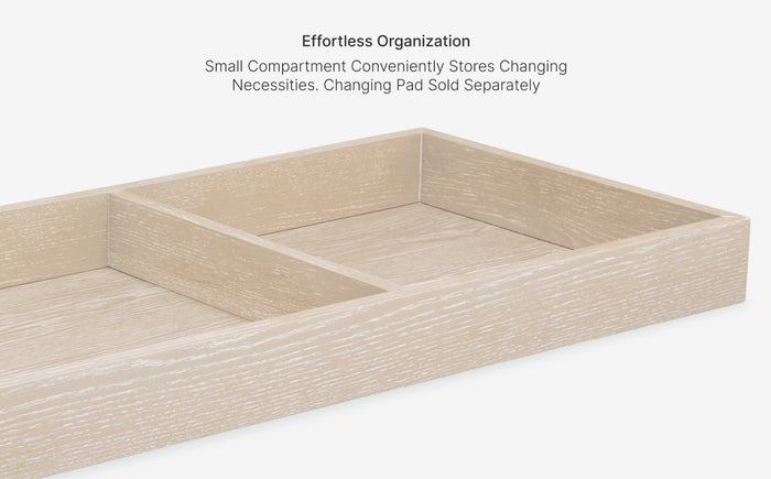 Wooden compartmentalized tray on a white background with text about organization.