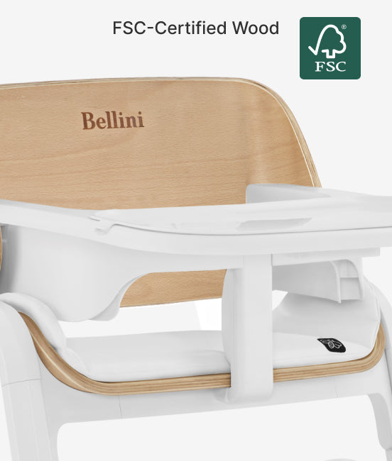 White high chair with wooden seat and backrest, featuring the Bellini brand and FSC certification logo.