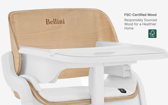 Wooden high chair with white tray and 'Bellini' branding on a white background