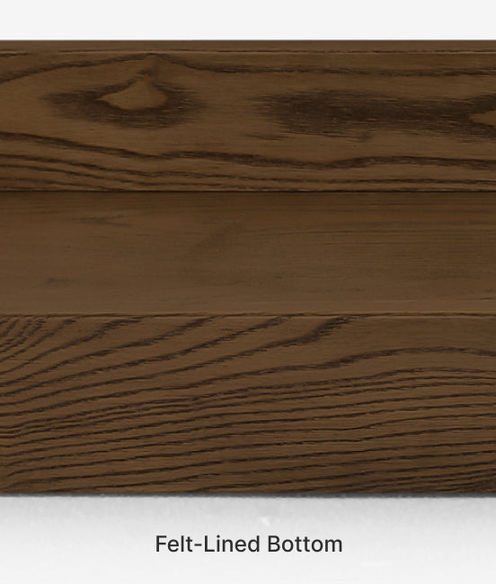 Close-up of wooden surface with 'Felt-Lined Bottom' text