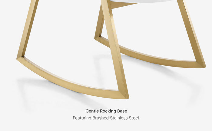 Gold rocking base with 'Gentle Rocking Base Featuring Brushed Stainless Steel' text on a white background