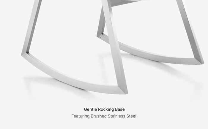 Two metallic rocking bases on a white background with text indicating 'Gentle Rocking Base' and 'Brushed Stainless Steel'.
