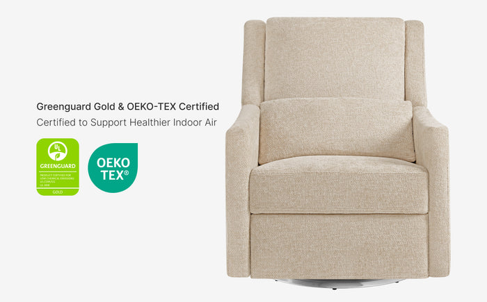 Beige recliner chair with Greenguard Gold and OEKO-TEX certification logos on a white background