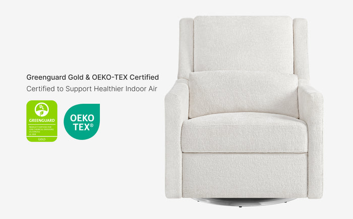 White recliner chair with Greenguard Gold and OEKO-TEX certification logos on a white background