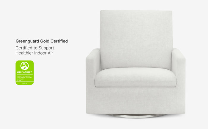 White armchair with Greenguard Gold Certified badge on a white background