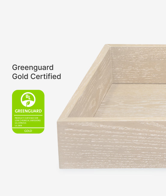 Wooden product with Greenguard Gold certification label on a white background