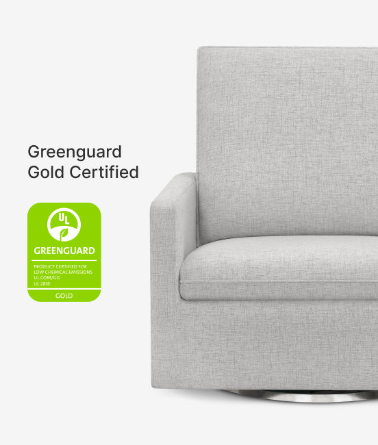 Gray sofa with Greenguard Gold Certified label on a white background