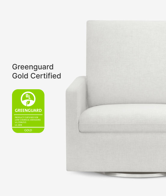 Gray sofa with Greenguard Gold Certified label on a white background