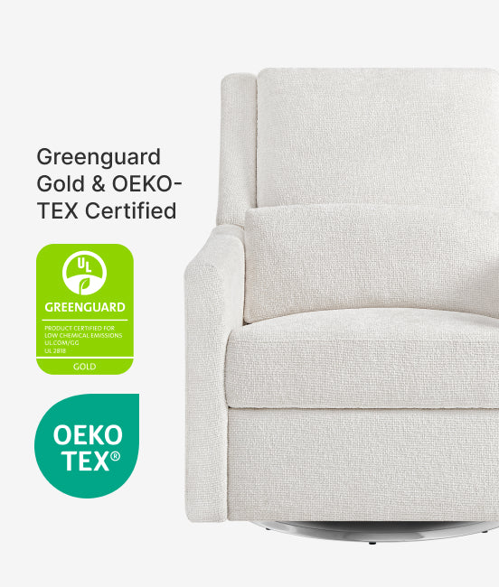 Light gray upholstered chair with Greenguard Gold and OEKO-TEX certification logos on a white background