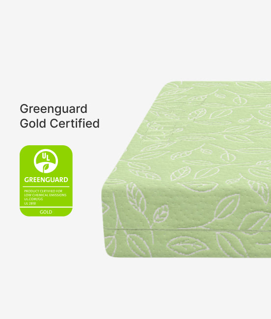 Green mattress cover with leaf pattern and Greenguard Gold certification logo on a white background
