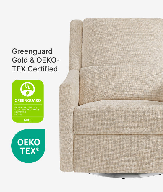 Beige swivel chair with Greenguard Gold and OEKO-TEX certification logos on a white background