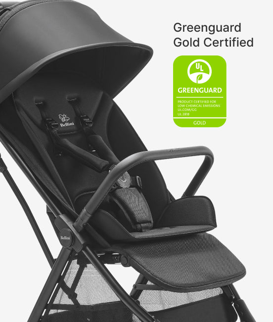 Black stroller with Greenguard Gold certification logo on a white background