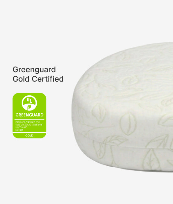 White pillow with Greenguard Gold Certified label on a white background