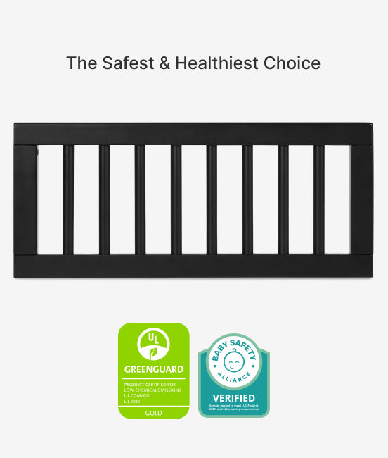 Black baby crib guard rail with GreenGuard and Baby Safety Alliance certification logos on a white background.