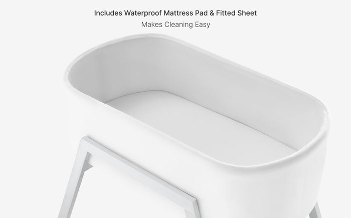 White mattress cover with waterproof features on a light gray background