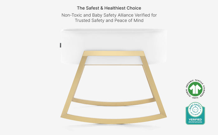 Wooden crib with safety certification logo on a white background