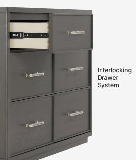 Gray dresser with interlocking drawers and text 'Interlocking Drawer System' on a white background
