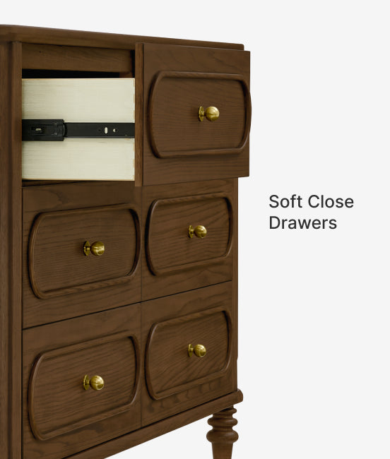 Wooden dresser with soft close drawers labeled on a white background