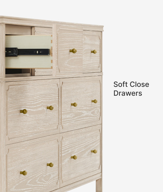 Wooden dresser with soft close drawers on a white background
