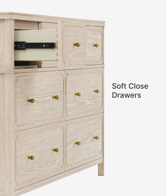 Wooden dresser with soft close drawers on a white background