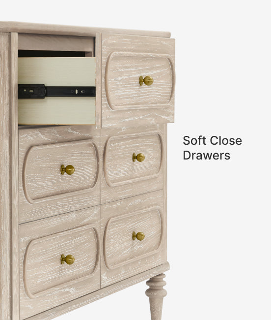 Wooden dresser with gold handles labeled 'Soft Close Drawers' on a white background