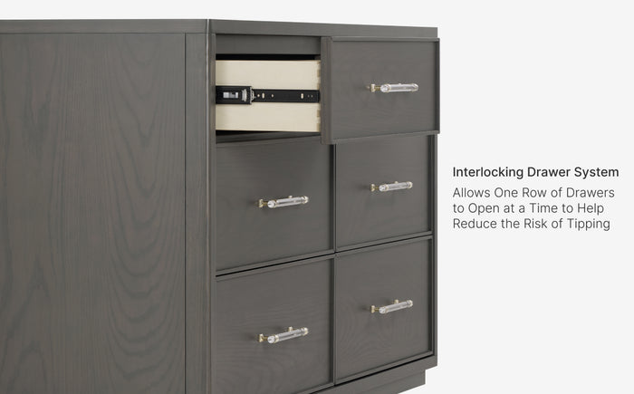Gray filing cabinet with interlocking drawers on a white background